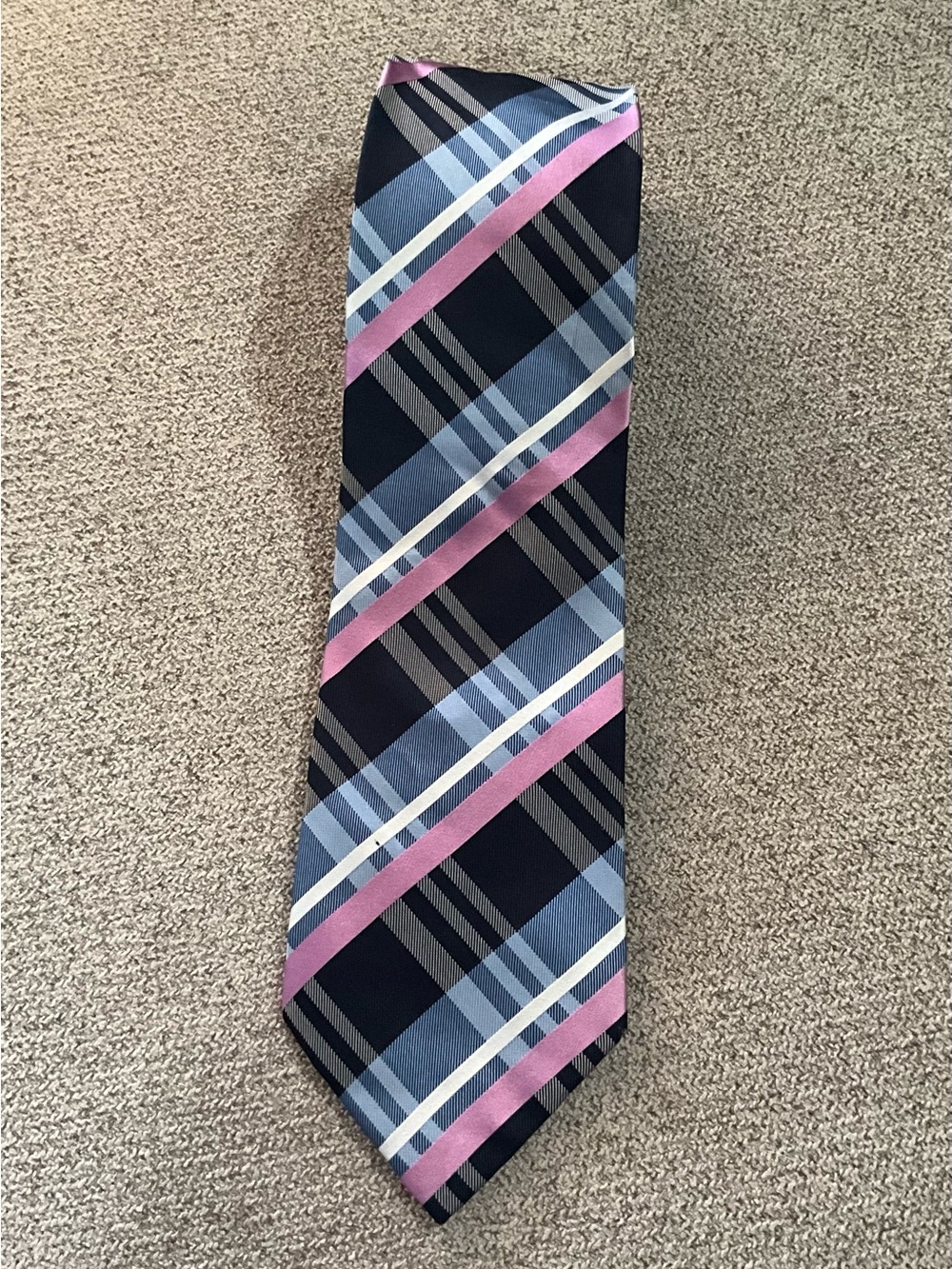Burberry Navy Plaid Tie with Pink and Light Blue Stripes
